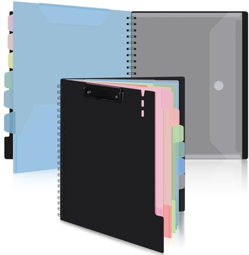Uquelic Carpeta portapapeles A4 con almacenamiento, 6 bolsillos de doble cara, organizador de proyectos con bolsa con cremallera, portapapeles de plástico para oficina, escuela, color macarrón
