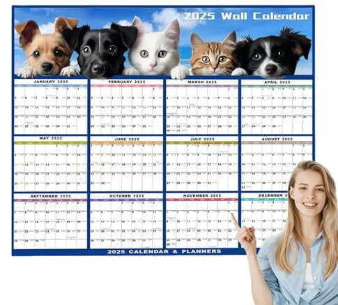 Wandkalender 2025, 12-Monats-Jahresplaner mit Nass- und Trockenlöschung, laminierter Jahreskalender für Büro, Zuhause, Schule, großer beschreibbarer Wandplaner für die Organisation von Familienaktivit