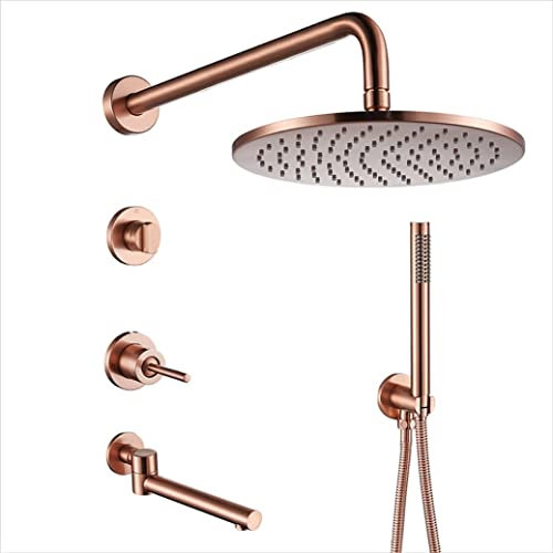 KFTLDYZL Set Doccia Sistema Doccia, Set rubinetti Doccia in Ottone Spazzolato Rose d Set deviatore Braccio a Parete Miscelatore Set doccetta con soffione Doccia a Pioggia Rotondo da 8-10 po