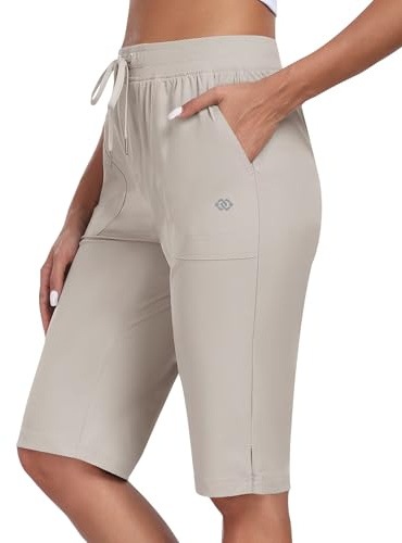 MoFiz Cargoshorts dam sommar vandringsbyxor, lätta golfshorts med fickor för camping, sport, volleyboll, utomhus, kaki, L