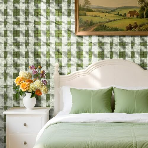 Livelynine Papier Peint Adhesif Motif Carreaux Vert Sauge 44.5CMx7M Papier Peint Adhesif Mural Chambre Adulte Salle à Manger Cuisine Vichy Damier Style Campagne Rouleau Adhésif Decoratif Meuble Vert