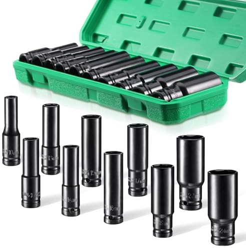 Deep Impact Socket Set 1/2 Inch Drive 12PCS (10–24mm) with 2 Extension Bars, Long Reach Impact Driver Sockets Set for Cordless Drill, Ratchet & Wrench, Heavy Duty Tool Kit for Car & Home Repair