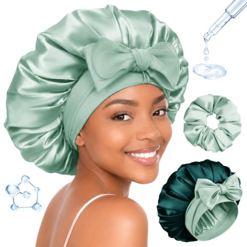 BONNET QUEEN Silkeshätta för sovande kvinnor HYALURONsyra dubbelskikt satinhätta för lockigt hår med knytband scrunchie
