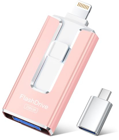 SUDEHO USB Stick 256GB for iPhone, MFi Certified Lightning Memory Stick Stable Data Transfer, 4-in-1 Flash Drive for iPhone/iPad/Android/PC, Easily Back Up and Save Files, RosePink