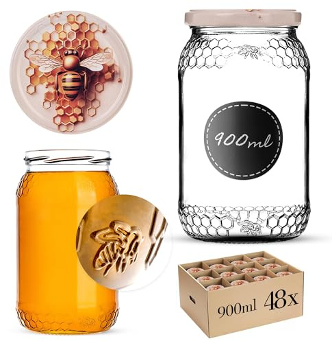 KADAX Set med 48 konserveringsburkar 900 ml TO82 honungsvaxkaka, stora fallburkar med skruvlock, konserveringsburkar fermenteringsglas för gurkor, grönsaker, surdeg