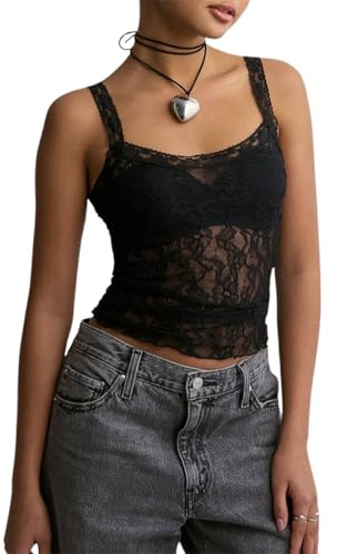 Women Y2K Lace Tank Top Spaghetti Strap See Through Camisole Backless Slim Fit Crop Camis Sexy Going Out Top (Black, XL)