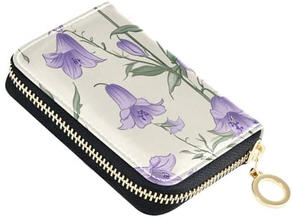 KLL Campanula Rotundifolia Flowers Leather Card case Wallet Women with Cion Purse RFID Blocking Women Card Holder with Zipper