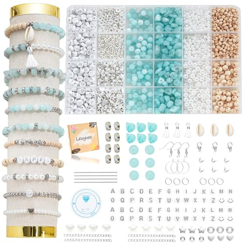 Leuyuee Silber Perlen für Armbänder Natürliche Amazonit Edelstein Perlen Set Zum Auffädeln Kit Perlenset Beads für DIY armbänder selber machen Schmuck Halskette Ohrringe Kette (CZ006-Hellblau)