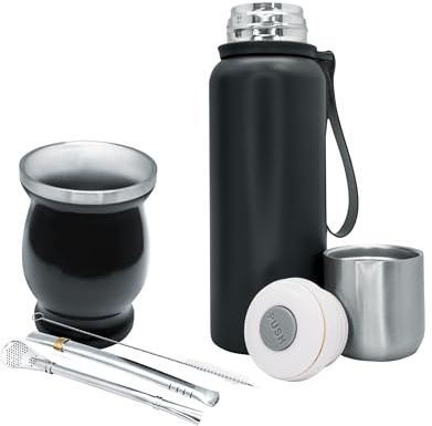 NERTHUS FIH 1594 - Kit de Mate con Vaso de Doble Pared de Acero Inoxidable de 250 ml + Dos Bombillas Pipas para Mate con cepillo limpiador + Termo Acero Inóxidable 500ML