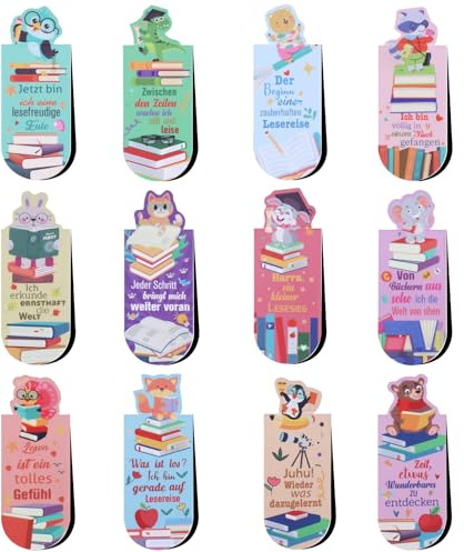 12 Stück lesezeichen magnetisch mit Sprüchen, Tiere lesezeichen kinder Kleine Geschenke für kinder Schüler Freund Buchliebhaber Magnet Seite Marker, Nikolausgeschenke Weihnachtsgeschenke für Kinder