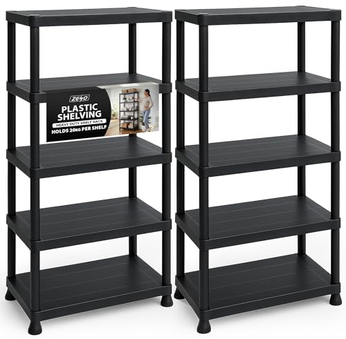 ZENO Plastic Shelving Unit 2 X 5 Tier | Storage Shelves 200KG Total Load Capacity | Plastic Shelving for Home Garage, Kitchen, Shed and Workshop | Heavy Duty Stable Frame | Easy Tool Free Assembly