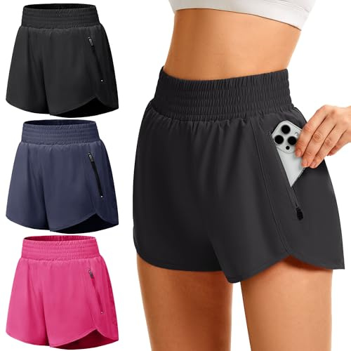 GetGigt 3-pack löparshorts för kvinnor med blixtlåsfickor elastiska hög midja gym kort med foder för damer sport träning yoga, Svart, marinblå, het rosa, L