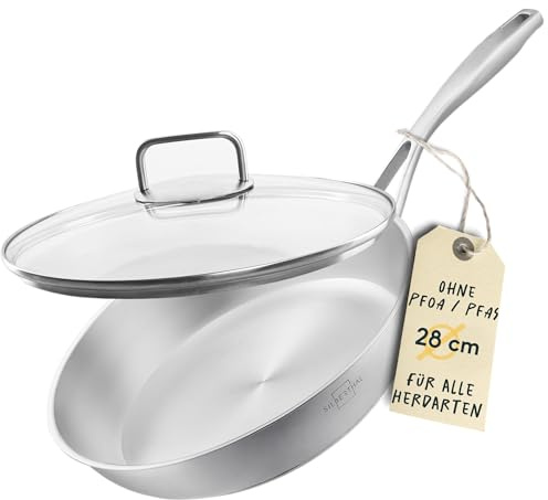 SILBERTHAL Edelstahlpfanne Pfanne Unbeschichtet 28 cm mit Glasdeckel – PFOS, PFOA & PTFE frei