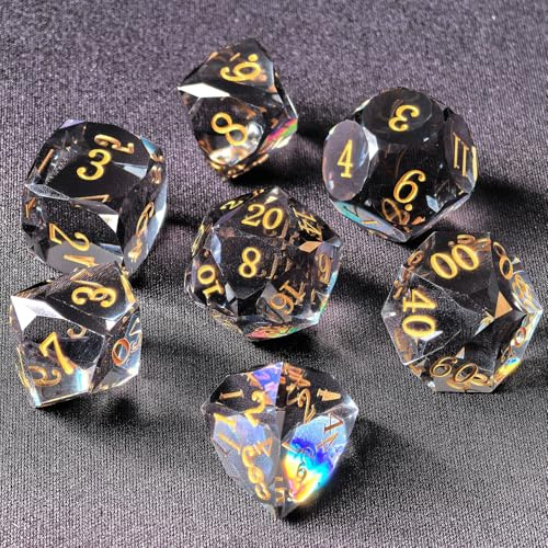 Set di 7 dadi poliedrici sfaccettati in cristallo, per DND, giochi da tavolo e collezionisti, confezione in scatola di latta, effetto pietra preziosa (fumo)