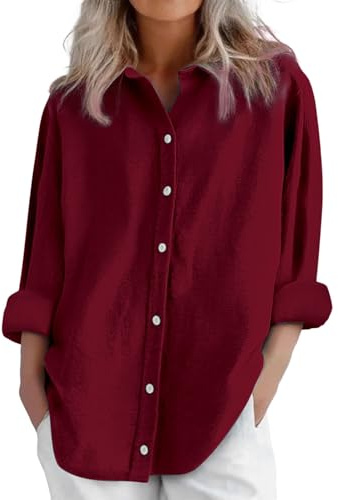 Cocila Summer Tops Womens Daily Casual Linen Shirts Long Sleeve Blouses Loose Fit Shirt (Wine, L) White Short Cream Top for Women UK Ladies Size 12 Tshirt Black Blouse Clothes Indian Cotton T