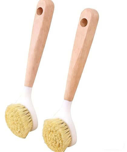 Wooden Dish Brush, Washing Up Brush for Kitchen with Natural Wood Handle, Scrubbing Brushes for Pans, Pots, Kitchen Sink Cleaning, Pack of 2