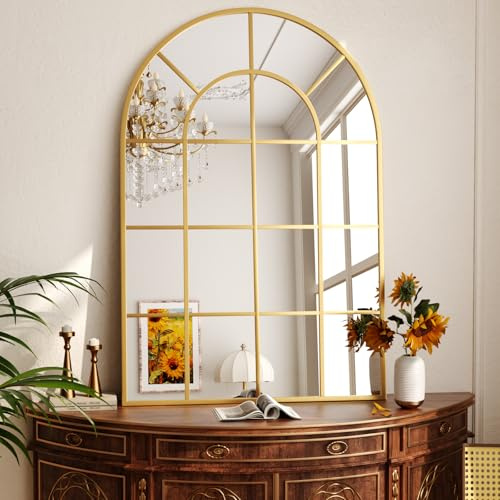 Koonmi Arched Grid Bathroom Wall Mirror, 75 x 50 cm, Gold | Tempered glass, Shatter-resistant design, Decorative grid design, Suitable for bathrooms and bedrooms/dressing areas