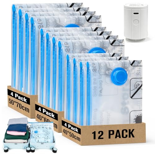 BoxLegend 12 Stück Vakuumbeutel für Kleidung Reise mit Vakuumpumpe | Vakuumbeutel (4x 40x50cm, 4x 40x60cm, 4x 50x70cm), Vakuum Reisebeutel Organizer Set für Koffer Reise