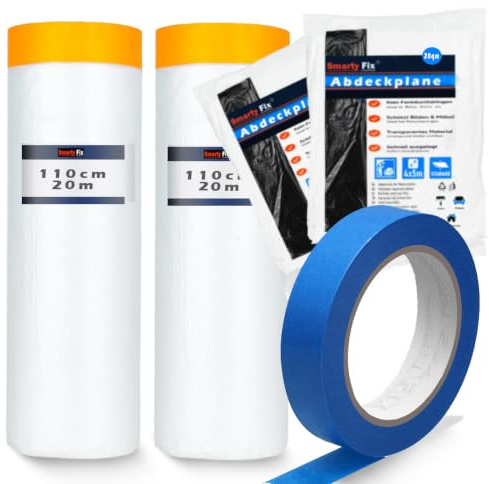 Abdeckfolie mit Klebeband, Malerfolie, Klebeband (Set 110cm+4x5+25x50) | Set Malerkrepp 25mmx50m, 40m Abklebeband mit Folie und Abdeckfolie 20m, Maler Abdeckfolie