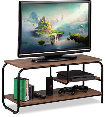Relaxdays TVBoard, Industrie Design, Receiverablage, Stauraum CDs, DVDs, Fernsehtisch HxBxT 43x90x35 cm, braun/schwarz