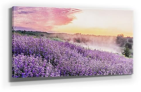 Wunderschöne Lavendelbilder auf Leinwand, Lavendel am Teich - als 120x60cm großes XXL Leinwandbild. Wandbild als Hintergrund und Deko für Wohnzimmer & Schlafzimmer. Aufgespannt auf Holzrahmen