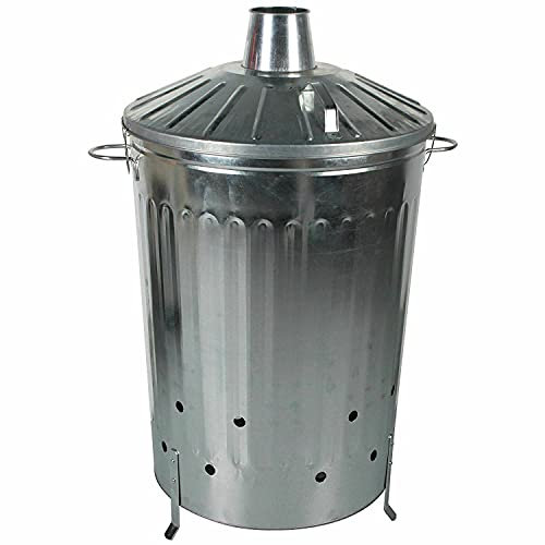 TRTO 125 Litre 125L Extra Large Metal Incinerator Fire Burning Bin with Locking Lid Size: 53cm (Dia) x 92cm (H) (125L Silver Colour)