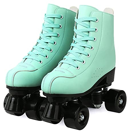 Retro Roller Skates, Rollschuhe Bis 150 Kg, Damen Roller Skates Double Row, Erwachsene PU Leder Quad Skates Rollschuhschuhe, für Kinder, Jugendliche und Erwachsene,Green Black Wheel,36