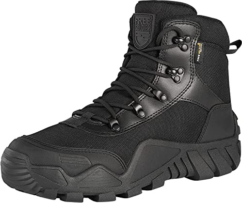 FREE SOLDIER Botas de Caza para Hombres Medio Alto Zapatos Botas Militares de Combate de Tiro Alto con Cordones Ligeros para Todo Terreno para Montaña Trekking(Negro 42EU)