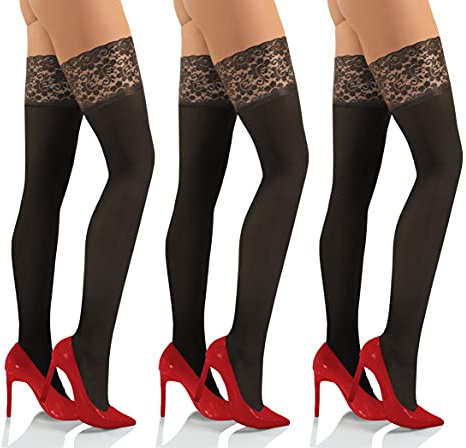 SESTO SENSO Hold ups damstrumpor 50 denier mikrofiber ogenomskinlig sexig spets topp 3-pack, Grafit – Fumo, M/L