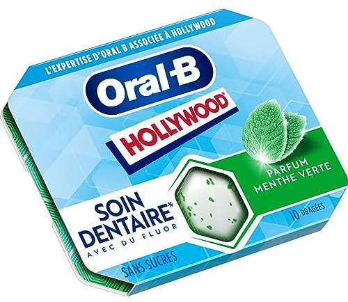 Hollywood Oral B - Chewing-Gum Sans Sucre Au Fluor - Parfum Menthe Verte - Soin Dentaire - Pour des Dents Saines - Haleine Fraîche - Lot de 12 Étuis de 10 Dragées
