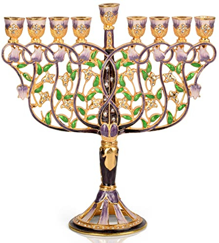 Ner Mitzvah Baum des Lebens Chanukkah-Menora, passend für alle gängigen Chanukah-Kerzen, Moderne Menora mit Juwelen für Chanuka, Mehrfarbig
