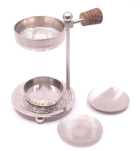 Bruciatore di incenso con manico in legno, altezza regolabile, in dotazione un ulteriore setaccio e una piastrina per oli profumati (nichel)