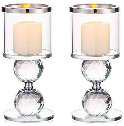 Sziqiqi Portavelas de Columna de Cristal, 2 Piezas de Candelabros de Vidrio Transparente, Velas para Candelabros Centro de Mesa para Regalos de Boda y Decoración Navideña, Plata