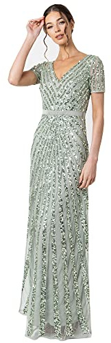Maya Deluxe dam maxi dam embellished paljett lång kort ärm V-hals hög empire midja skuren glänsande bal We Bridesmaid dress, taupe, 36 EU