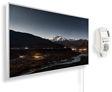 Könighaus Panorama Bildheizung 600 Watt - Smart Thermostat - 8-16 m² | App, weißer Rahmen, Motiv: 02. Berg Tal und Sternenhimmel, TÜV SÜD, Infrarot Wandheizung