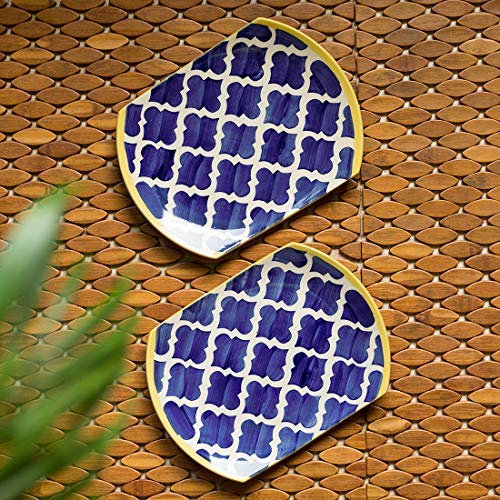 Frienemy Presents Moroccan Hand-Painted Snacks Serving Thali Ceramic Side Quarter Plates in Ceramic (Set of 2) (Blue, White and Yellow) #Frienemy-150