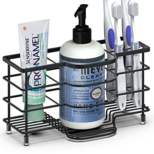Linkidea Electric Toothbrush Holder Stand, Stainless Steel Bathroom Storage for Toothpaste, 6 Slots Ventilated Countertop Organizer for Cleanser, Comb, Razor (Black)