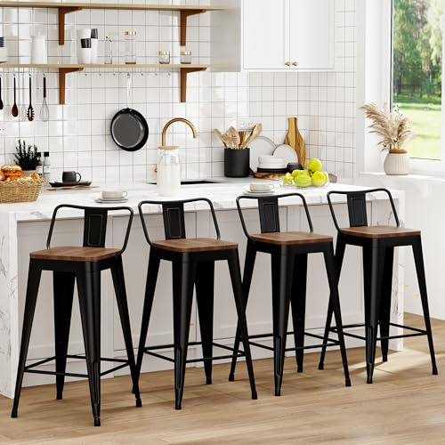WENTMENT Metal Bar Stools Set of 4 Counter Height Barstools with Removable Back 26 Kitchen Bar Stools with Wooden Seat, Black