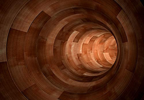 wandmotiv24 Fototapete Tunnel 3D Holz, 300 x 210 cm - selbstklebende Strukturtapete, Wanddeko, Wandbild, Wandtapete, Holzoptik, Gang, Rund M0773