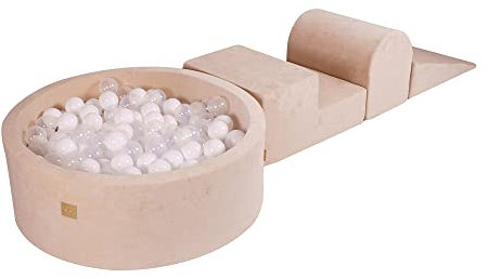 MEOWBABY Spielplatz aus Schaumstoff mit Bällebad 240x45cm - Schaumspielset mit 200 Bälle für Kinder, Velvet, Ecru: Weiß/Transparent