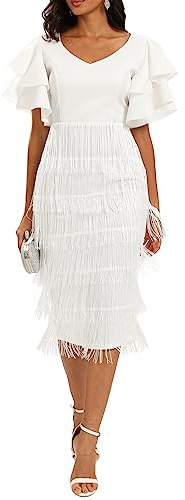 VERWIN Abito da donna maxi con frange a vita alta con scollo a V con nappe a più livelli abito da ballo, bianco, M