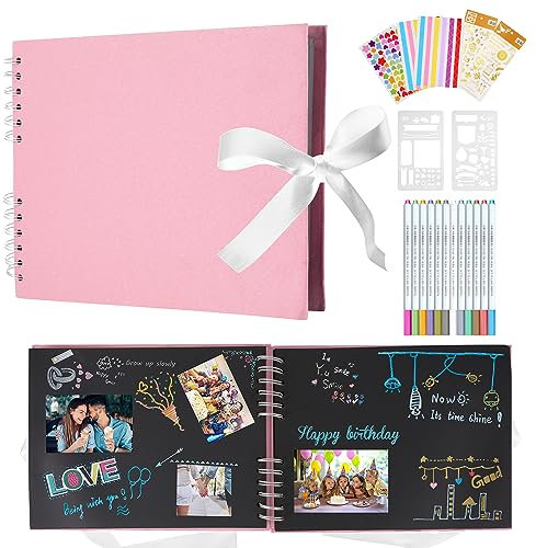 DazSpirit Fotoalbum 29,5 X 21cm Fotoalbum Zum Selbstgestalten Schwarz Fotobuch Mit 80 Seiten Scrapbook, Für 240 Bilder, Inkl.12 Metallic Farbmarker, Gästebuch Für Geburtstag Und Hochzeit, Rosa