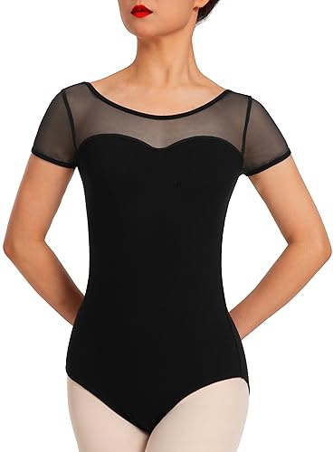 Mulnall Netz Ballett Trikots mit Kurzarm für Damen | Eleganter Herzausschnitt undurchsichtiges Futter elastisches Netz für Tanz Auftritte