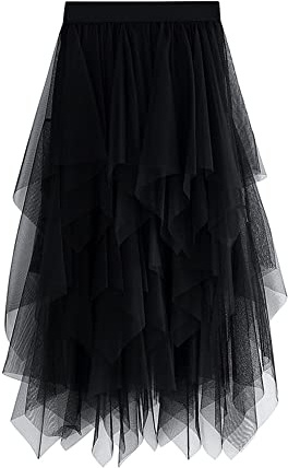 Tüll-Netzstoff-Rock für Damen, A-Linie, elastisch, hohe Taille, gestufter Lagenrock, Ballett, Abschlussball, Party, Tüll-Tutu, Midirock, A-schwarz, Einheitsgröße