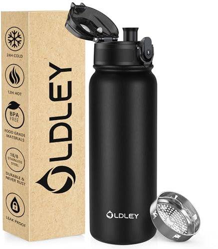 OLDLEY 600ml/20oz Stainless Steel Water Bottle Double Walled Vacuum Flask Keeps Drink Hot and Cold Leakproof BPA Free 600ML Metal Insulated Water Bottle for Sport School Work Outdoor Hiking (Black)