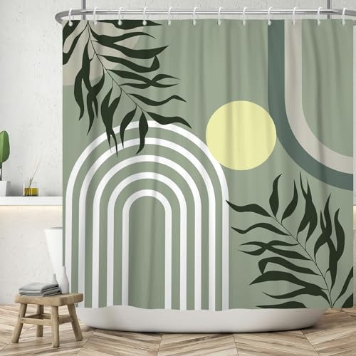 ASDCXZ Boho Duschvorhang 180x200 cm, Modern Abstrakt Boho Style Grün Blätter Gelb Sonne Salbei Grün Bad Waschbar Duschvorhänge Polyester Textil Wasserdicht Badevorhang für Badewanne mit 12 Haken