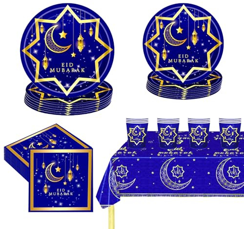 POPOYU 69Pcs Eid Party Tableware Set,Blue Gold Moon&Star Ramadan Kareem Themed Table Cloth,Paper Plates,Napkins and Cups,Ramadan Umrah Mubarak Islam Muslim Dinnerware Set for Mubarak Ramadan Decor