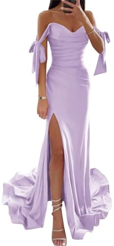 WSEYU Vestido de dama de honor de satén con hombros descubiertos, vestido de fiesta de sirena, vestido de noche formal, vestido de noche con abertura alta, vestido de invitada de boda, Lila, 48