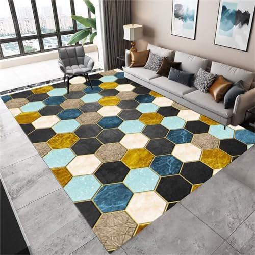 RUGMRZ Schlafzimmer Teppiche Teppich bettvorleger 120x150CM Waschbar Blau Wohnzimmerteppich, buntes geometrisches Muster, Rutschfester Flurteppich