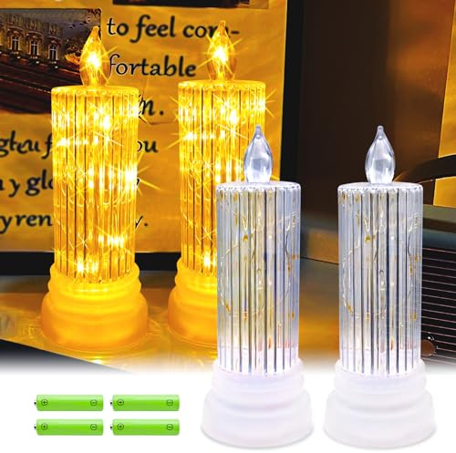 TINYOUTH 2 velas LED de cristal con soporte, velas de mesa de boda, batería AAA incluida para fiesta, aniversario, compromiso, decoración del hogar, concha de columna romana
